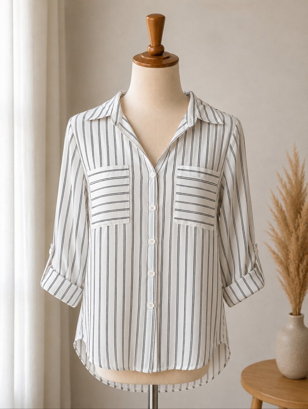 Women’s Cream Striped Button-Up Shirt